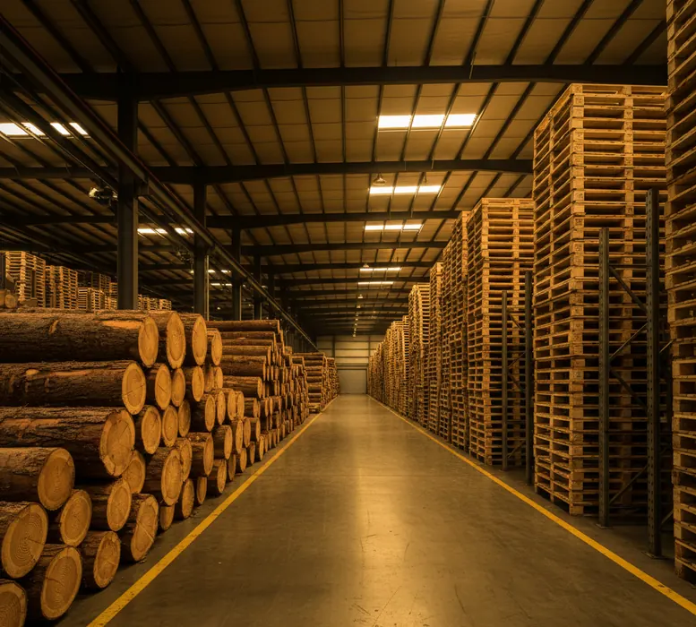 Pine wood stacked in warehouse